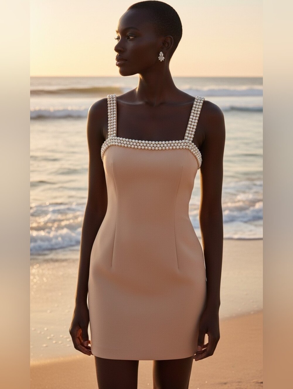 Odd Muse Ultimate Muse Faux Pearl Trim Minimalist Romantic Mini Dress in camel